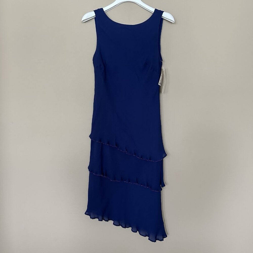NWT Vintage Y2K Silk Fairy Midi Dress Women 6 Navy Blue Ruffle Beaded Sleeveless